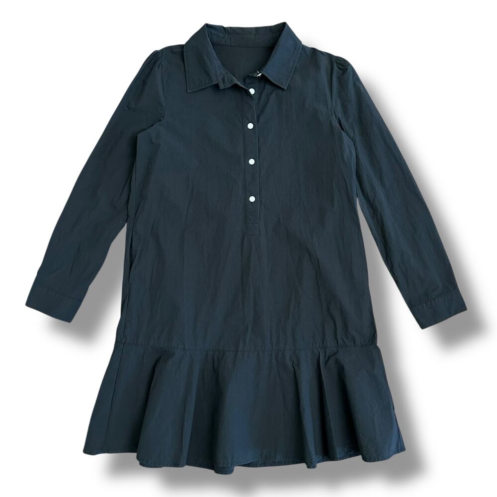 Black Cotton Collared Drop Waist Shirt Dress Women’s S‎ Long Sleeve Ruffle Hem